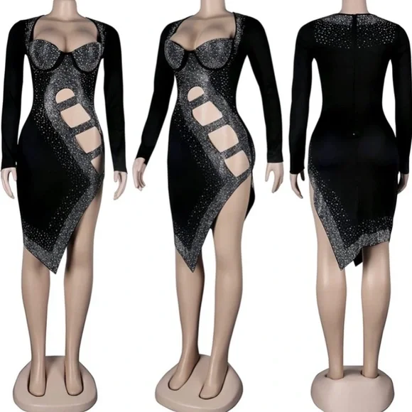 HP Long sleeve Black dress with rhinestones and slits night out size 3XL - Picture 2 of 9